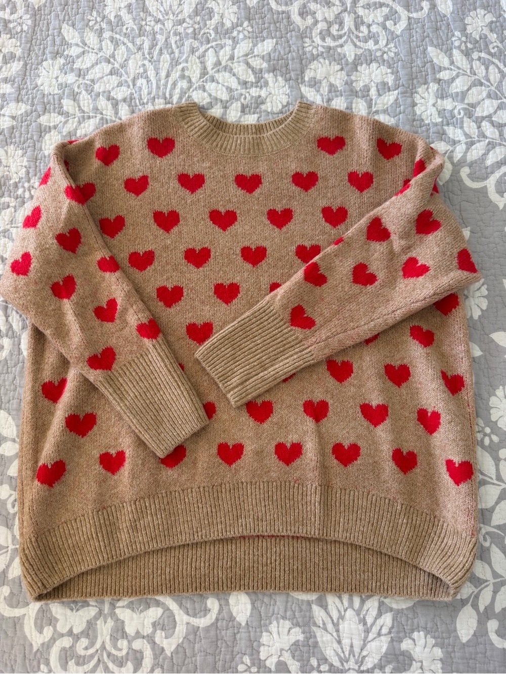 Vince Camuto Tan Crewneck Sweater with Red Heart Pattern